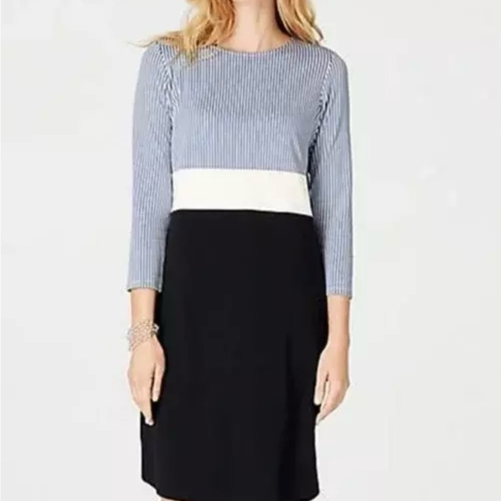J Jill Striped Blue and Black Colorblock 3/4 Sleeve Dress. Size XL